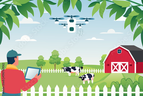 A farmer uses a tablet to control a drone over a rural landscape