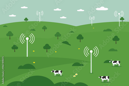 A stylized green landscape with cell towers and grazing cows