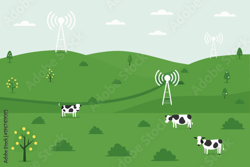 Photography Rolling green hills with cows cell towers and a clear sky