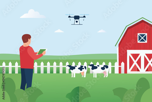 A farmer uses a tablet to control a drone over a rural landscape