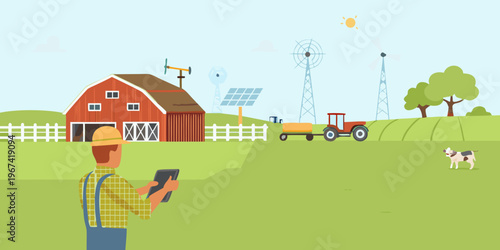 A farmer uses a tablet in a rural landscape with buildings and windmills