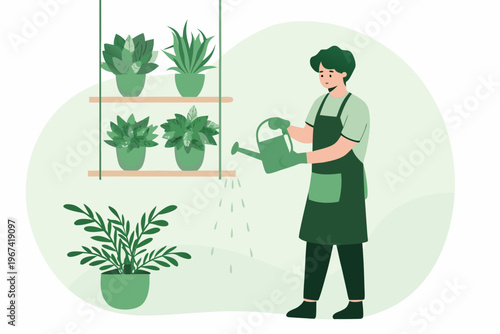 A young gardener waters plants on a hanging shelf indoors