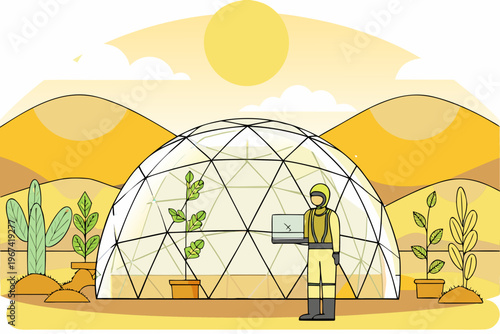 Person working on a laptop inside a geodesic dome greenhouse landscape