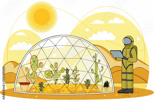 Researcher in hazmat suit studies desert plants within a geodesic dome