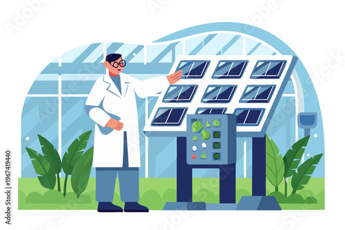Scientist examining solar panels within a greenhouse environment