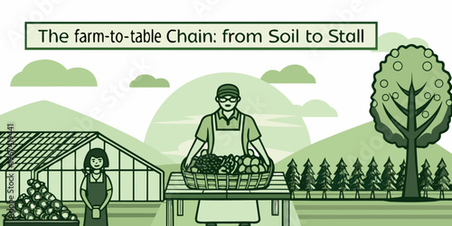 Farm to table illustration depicting food production and a market stall