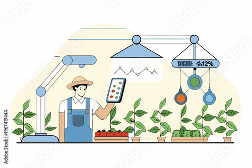 Modern agriculture utilizes technology a farmer checks data on a smartphone