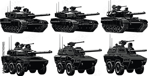 Set of military tank and armored vehicle black silhouettes with heavy weaponry for army combat transportation and war defense force graphic design