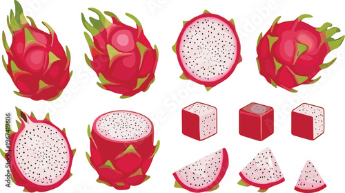 Dragon fruit collection with whole sliced cubes and wedges fresh tropical pitaya vector illustration set isolated on white background