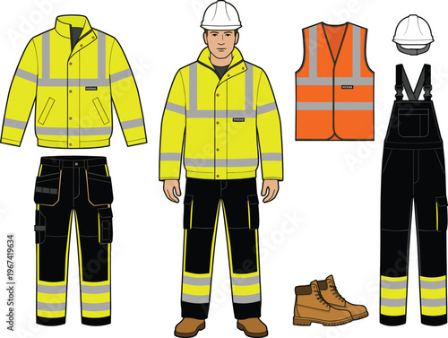 Set of high visibility workwear including safety jackets, reflective trousers, bib overalls, orange vest, hard hat, and boots, vector illustration