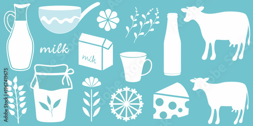 Stylized illustration of dairy products cows and floral elements in white