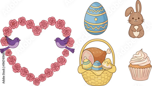 Easter and love themed collection with floral heart birds eggs bunny basket chicken and cupcake vector illustration set isolated on white background