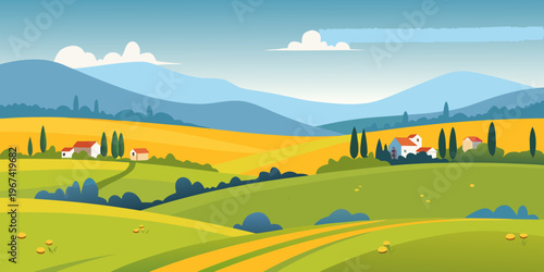 Rolling hills and houses in a vibrant stylized countryside landscape