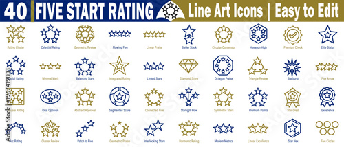 Five-Star Rating liner icons set. Cosmic glitter celestial rating stellar stack jewel hexagon premium elite status radial rating balanced stars diamond marvel vector illustration.