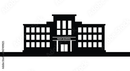 A stark black silhouette of a classic high school building silhouette