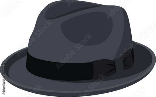 Classic vintage dark grey fedora hat vector illustration with black ribbon, elegant stylish felt headwear for retro fashion design