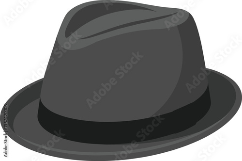 Classic dark grey fedora hat vector illustration with black ribbon band, elegant vintage style headwear for fashion design and gentlemanly accessory concepts