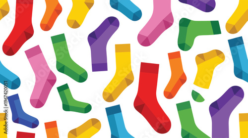 Colorful Vector Illustration of Scattered Vibrant Socks in Various Patterns and Shades for Creative Fashion Design and Textile Backgrounds