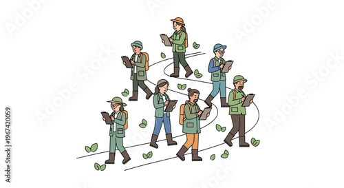 Eight diverse individuals wearing outdoor gear, including hats, vests, and backpacks, walk along winding paths, holding clipboards and observing their natural surroundings.