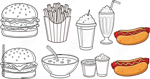 Fast food outline collection with burger fries drink hot dog and milkshake line art vector illustration set isolated on white background