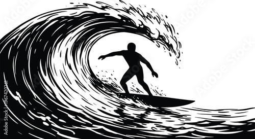 Black silhouette of a surfer riding a massive barrel wave in the ocean for summer extreme sports surfing competition and tropical beach lifestyle graphics