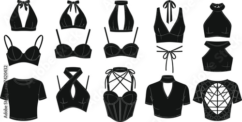 Set of women's black crop top silhouettes including halter necks bralettes and short sleeve shirts for fashion apparel design and modern clothing store graphics