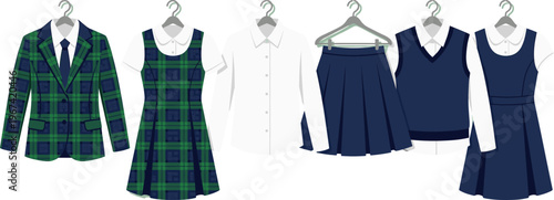 School uniform clothing set with plaid blazer, checkered dress, navy blue skirt, vest, and pinafore on hangers, vector illustration