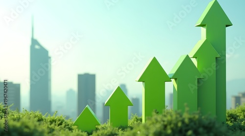 Green Arrows Indicating Positive Growth Against Urban Landscape with Clear Blue Sky