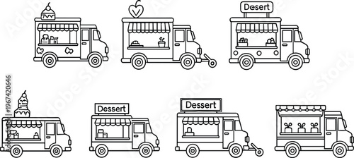 Food truck outline collection with dessert ice cream and street vendor vehicles line art vector illustration set isolated on white background