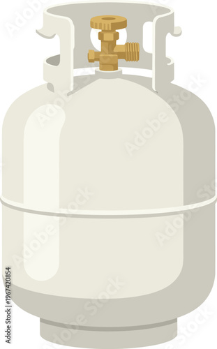 Empty propane gas cylinder with brass valve isolated on white background, portable fuel tank for camping and outdoor cooking