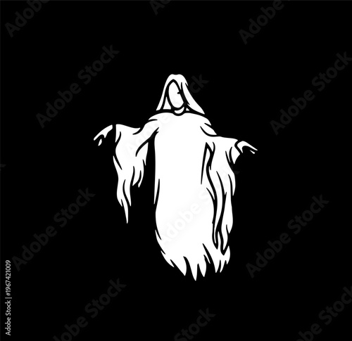 White ghost figure with flowing robes. A spectral white ghost figure, cloaked in flowing robes, looms against a stark black background, evoking a sense of mystery and the supernatural for Halloween or