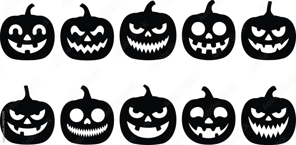 Obraz premium Jack o lanterns with various carved faces silhouettes