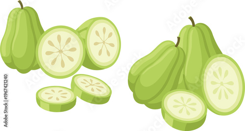 Green chayote squash collection with sliced vegetable pieces fresh organic food vector illustration set isolated on white background
