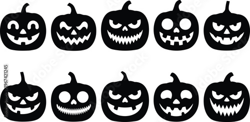 Jack o lanterns with various carved faces silhouettes 