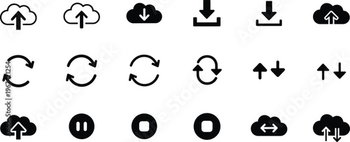 Collection of black and white download upload and refresh icons