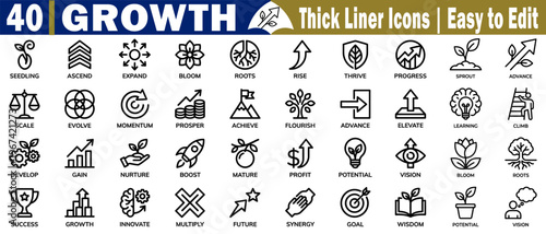 Growth thick liner icons set. Featuring business development startup progress and plant sprout symbols for corporate success and personal gain vector illustration.