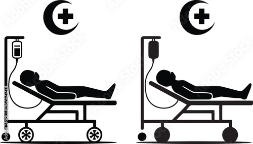 Medical symbols showing patients on beds with iv drips and crescent moons