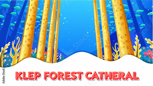 Vibrant kelp forest cathedral with tall seaweed columns and ocean life underwater scenery with blue water and seaweed