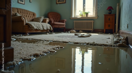 Flooded Living Room with Water Pooling on Carpet and Sunlight Streaming Through Window