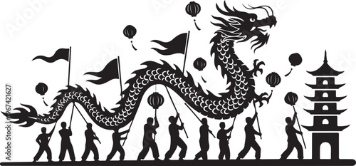 Dragon dance performance on isolated with people and pagoda