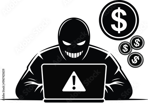 A hooded figure hacks a computer surrounded by dollar signs