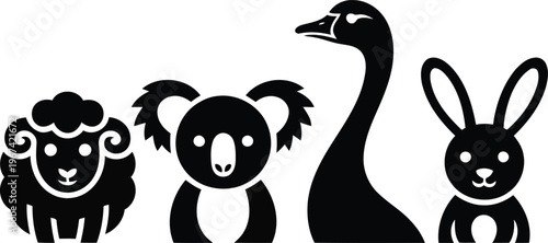 Australian animals silhouettes, rabbit, swan, koala