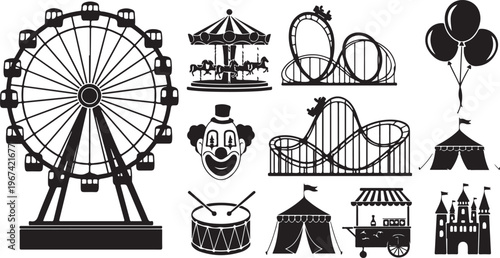 Black and white illustrations of various amusement park rides and attractions