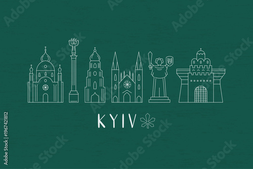 Kyiv landmarks skyline in line style vector illustration