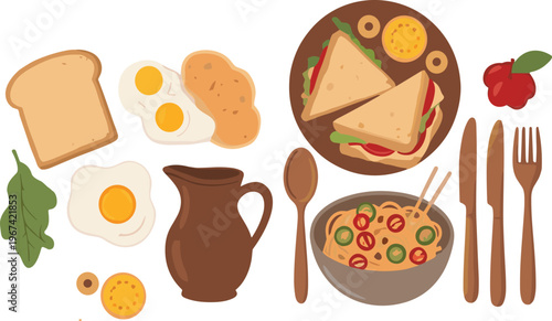 Healthy Breakfast and Lunch Food Vector Illustration Set with Eggs, Toast, Sandwich, Pasta and Fresh Ingredients, Balanced Meal Collection Isolated on White