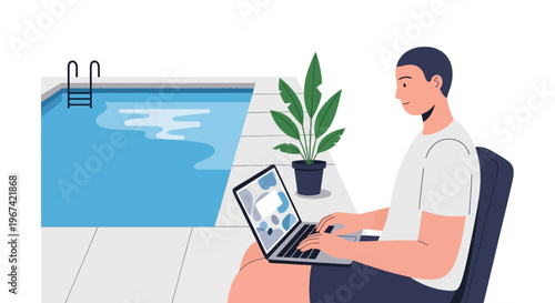 Man working remotely on a laptop by a swimming pool, enjoying a relaxed summer day with a potted plant nearby.