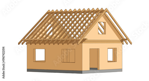 A skeletal wooden house frame with exposed roof rafters and wall studs stands on a gray foundation.