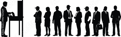 Silhouettes of people in line at a voting booth and standing in a queue vector illustration