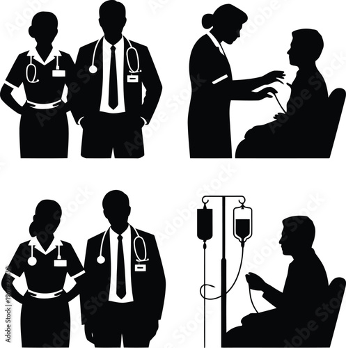 Healthcare professionals attending to patients in a clinical setting illustration