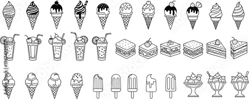Ice cream and dessert outline collection with cones popsicles cakes and drinks line art vector illustration set isolated on white background